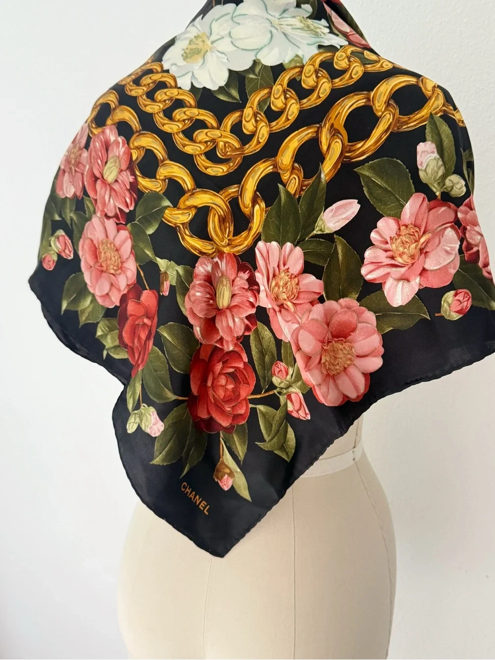 Vintage CHANEL Silk Scarf Camellia Gold Chain Print Made in Italy 33” Square